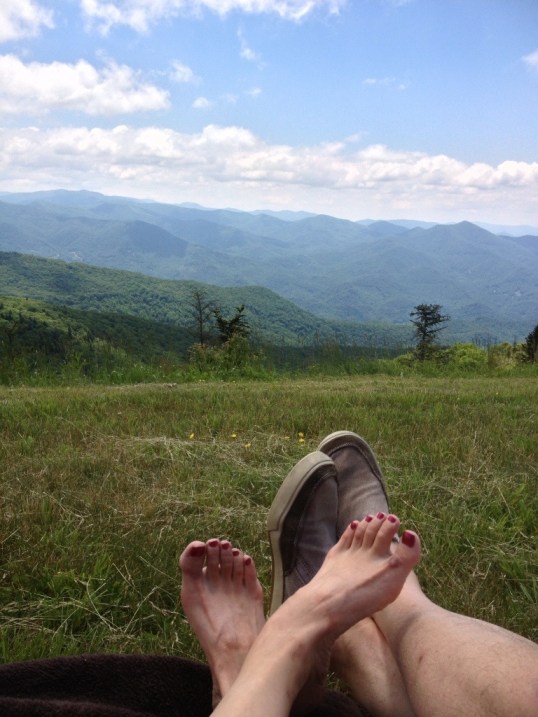 Happy feet! Having a picnic at Waterrock Knob Overlook.